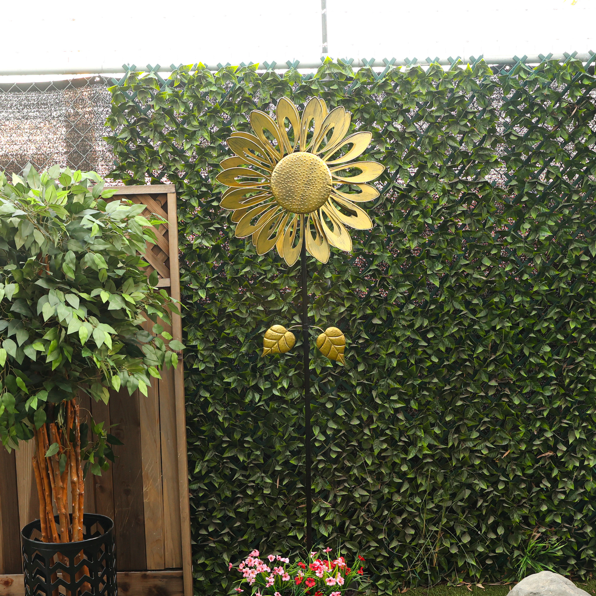Alpine Corporation SLL2660YL 85" Sunflower Kinetic Wind Spinner Stake, Outdoor Metal Wind Sculpture with Durable Iron Construction and Eye-Catching Spinning Design for Garden, Patio, Yard, and Lawn Decorations, Yellow